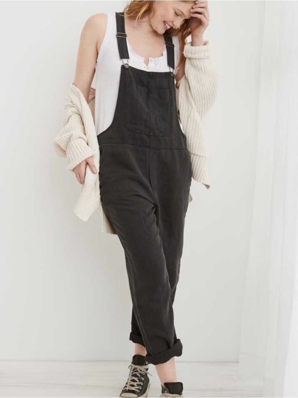 Aerie Corduroy Overalls Women Large Charcoal Gray Relaxed Straight Leg Raw Hem - Picture 2 of 12